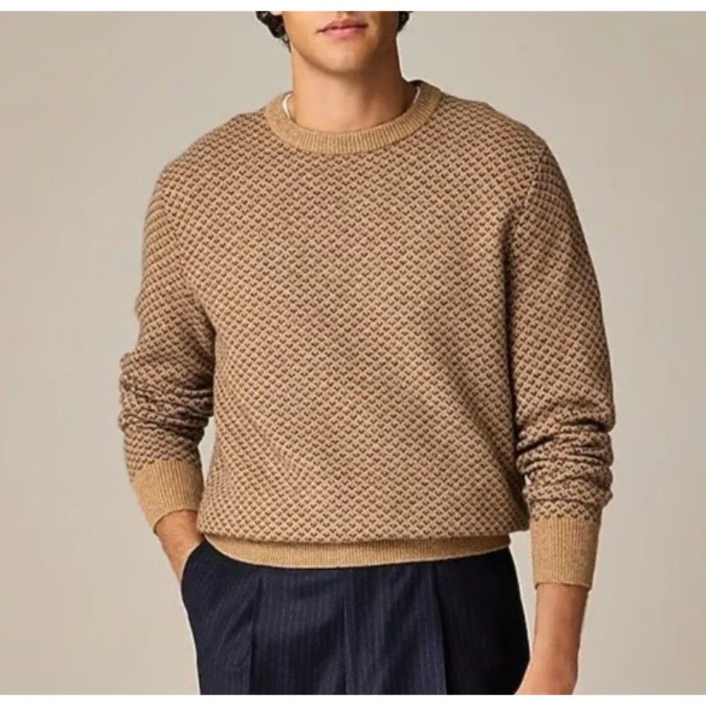 NWOT J Crew Size M Rugged Merino Wool Bird's-Eye Crewneck Sweater Tan Brown Knit